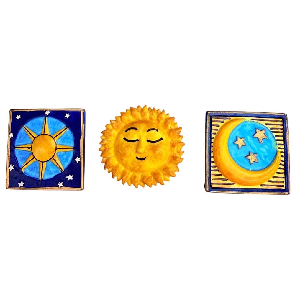 Vintage Celestial Button Covers Sun Moon Stars Hand Painted Resin Set of 3 Boho